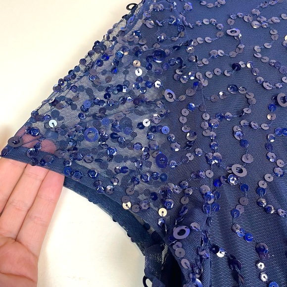 ADRIANNA PAPELL Womens Sequined Long Evening Dress Navy Size 12 | Short Sleeve - Picture 4 of 8